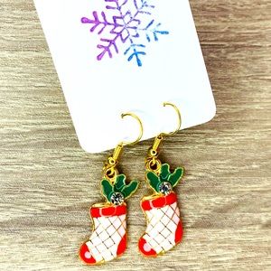 Gold tone enamel stocking boutique Christmas earrings